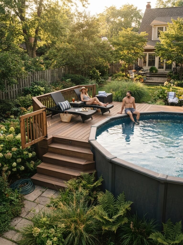 Budget backyard pool idea with above-ground pool and deck surround