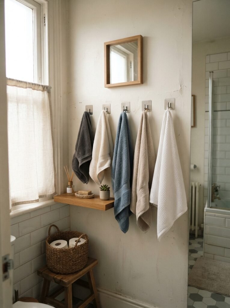 Renter-friendly small bathroom storage idea with adhesive towel hooks