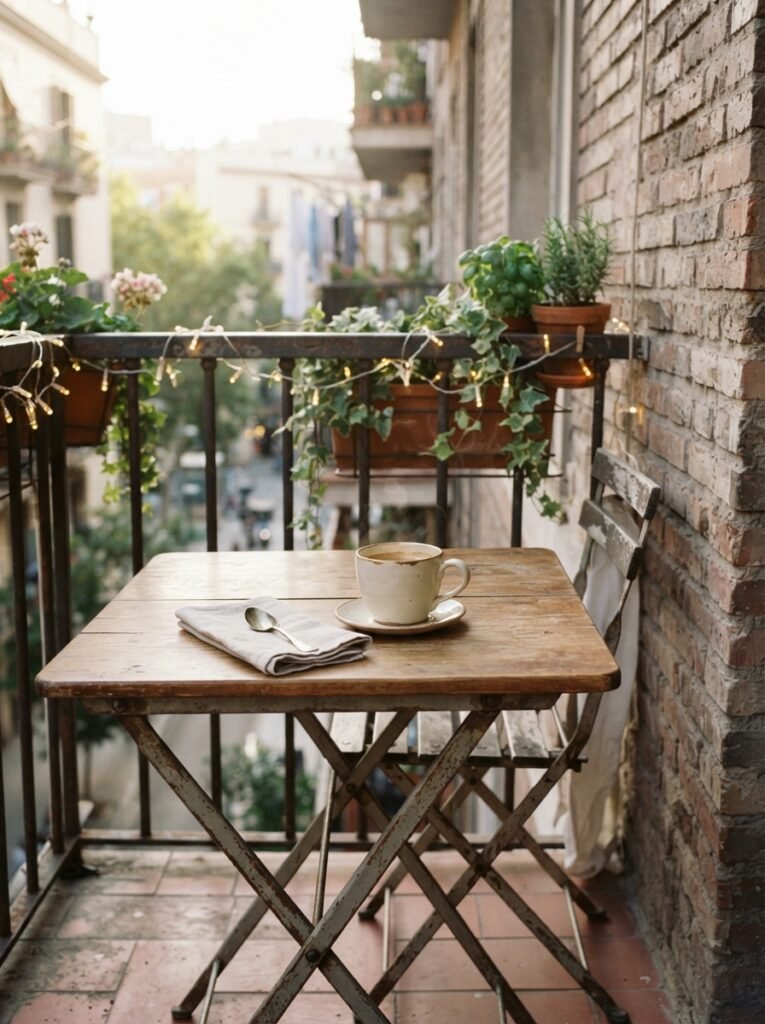 Apartment cozy patio decor idea with fold-flat café table and string lights