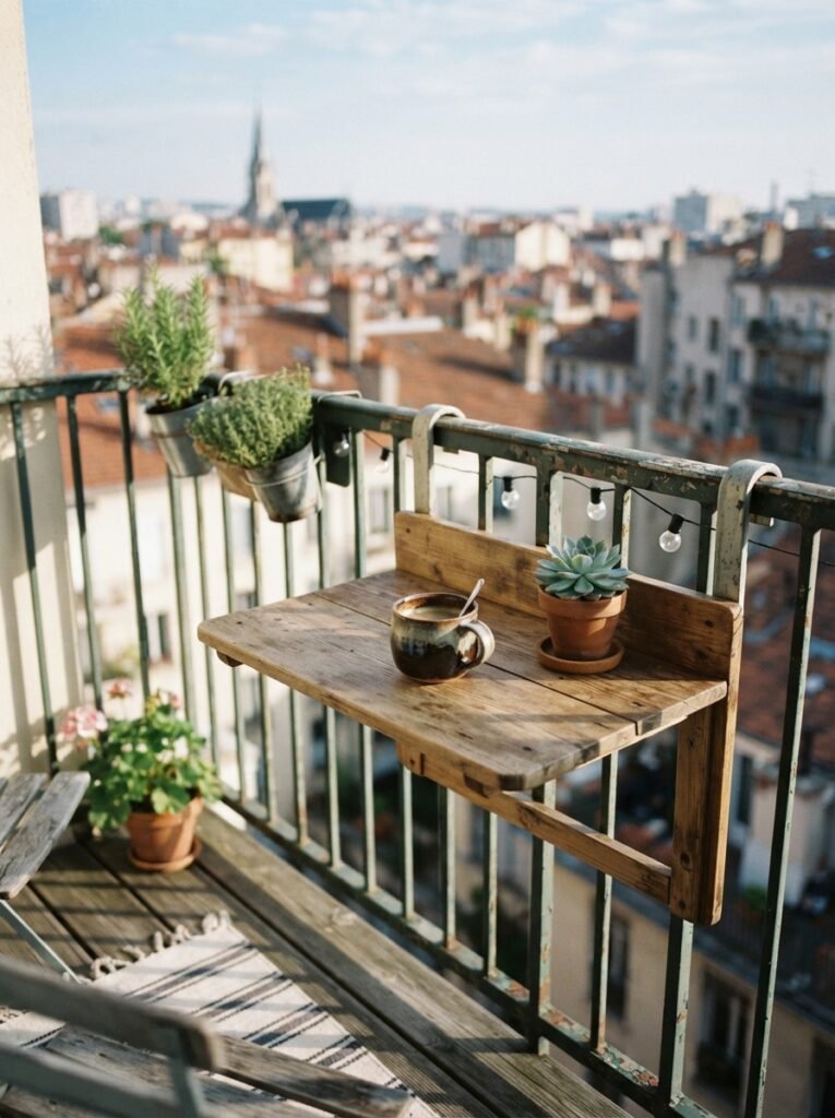 Apartment patio idea with fold-down balcony ledge table