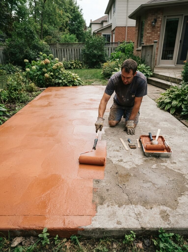  Budget patio makeover step with concrete stain application