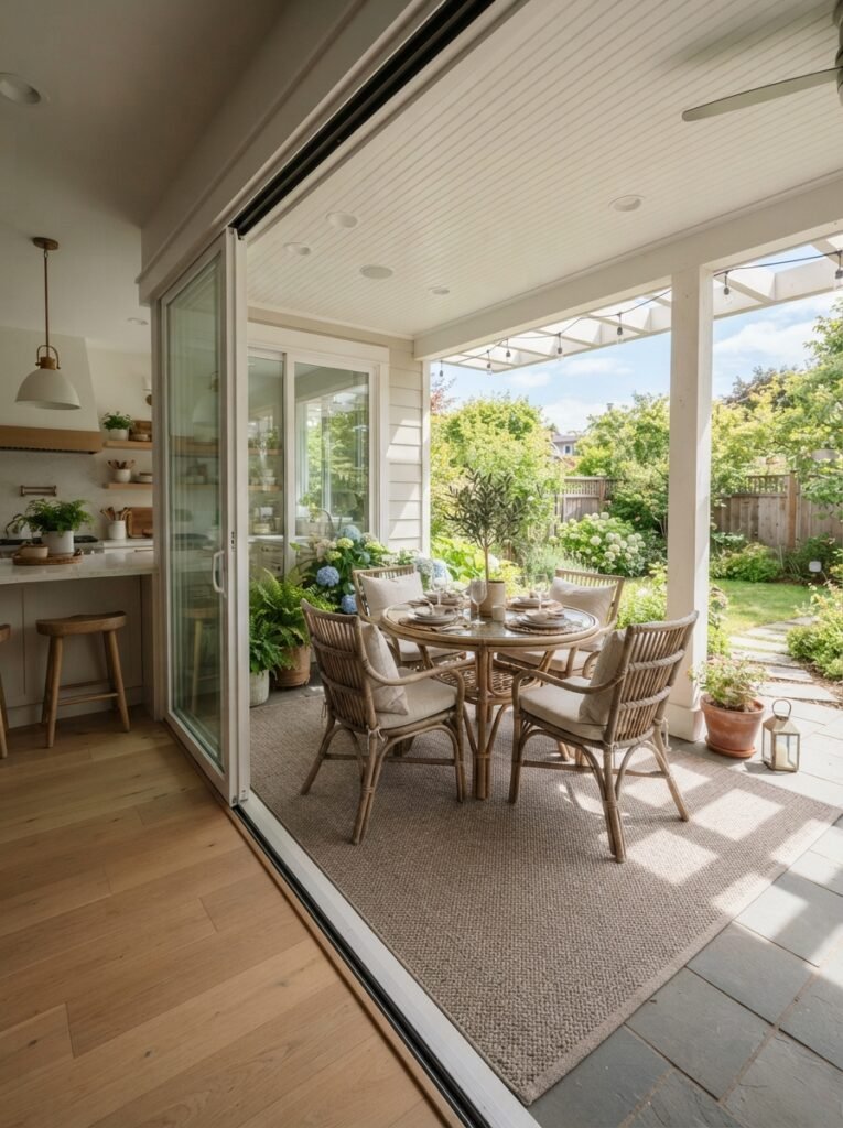 Attached covered patio ideas with rattan dining set matching interior flooring tone