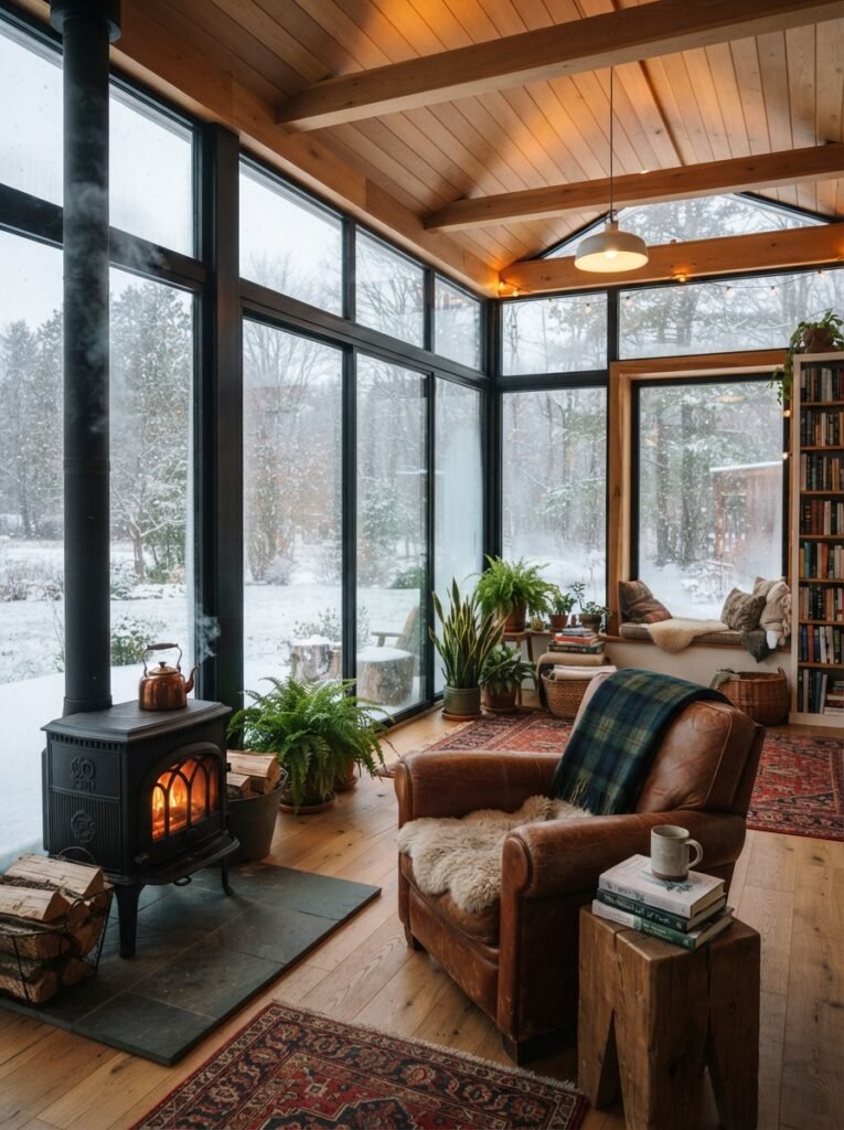 Backyard enclosed patio idea with four-season sunroom conversion
