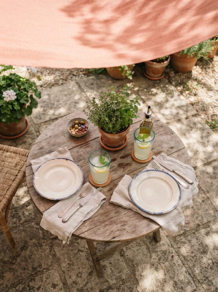  Backyard patio idea on a budget with thrifted bistro set and shade sail