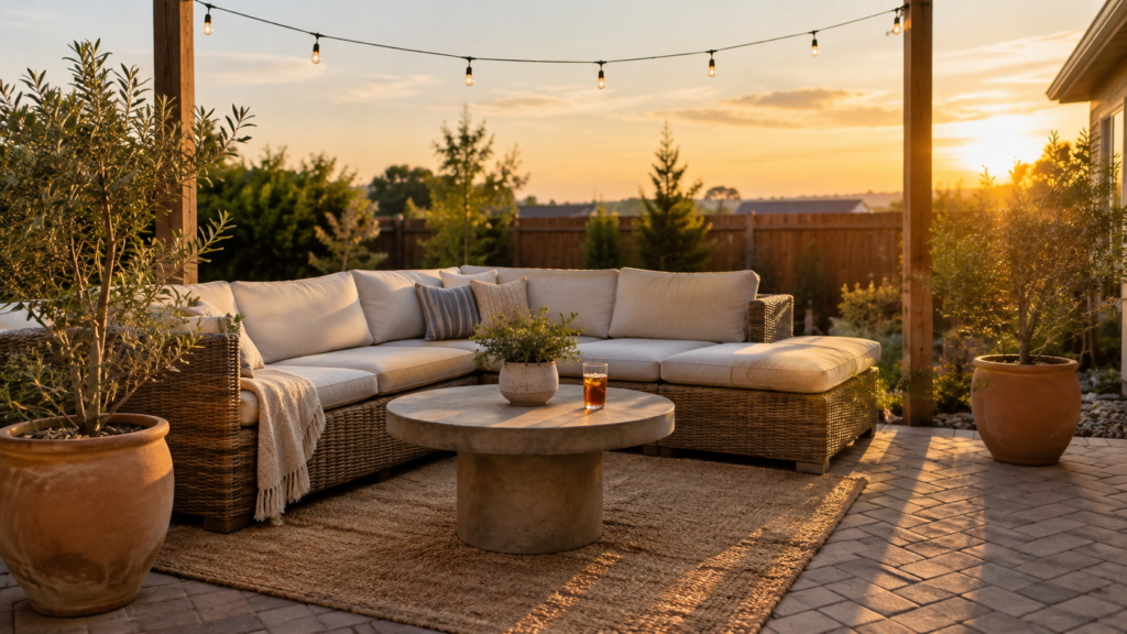 Backyard patio idea with paver flooring, rattan sectional, and warm string lights at golden hour