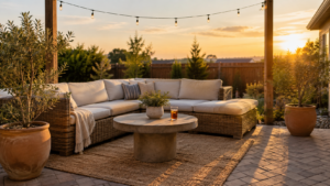 Backyard patio idea with paver flooring, rattan sectional, and warm string lights at golden hour