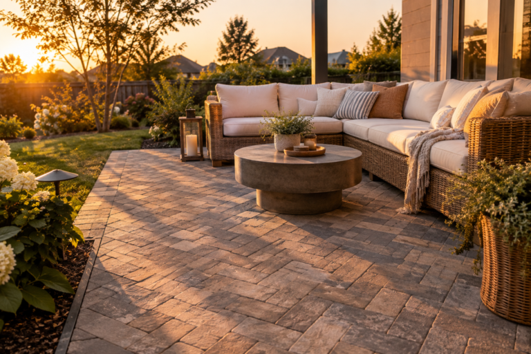 Backyard paver patio idea with herringbone layout and outdoor sectional seating