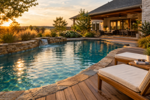 Backyard pool idea with freeform gunite design and natural stone edging at golden hour