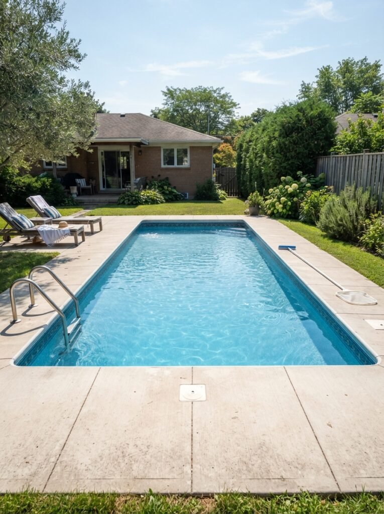 Backyard pool idea with slide integrated into deck design
