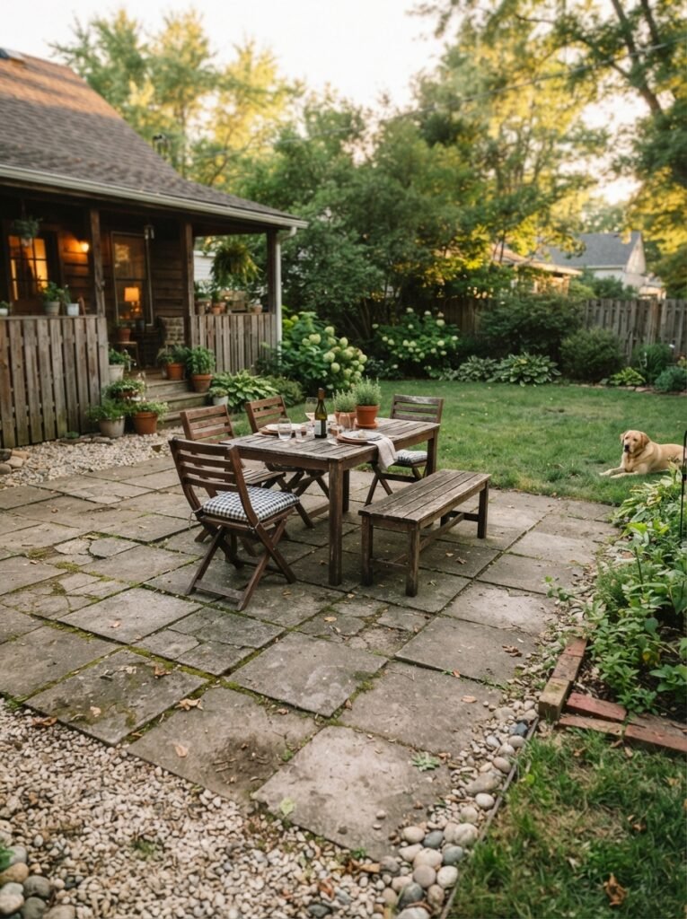 Backyard simple paver patio idea with gravel border edge