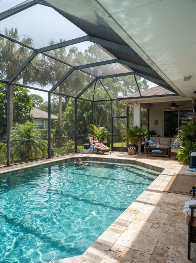  Florida backyard pool idea with full screened enclosure