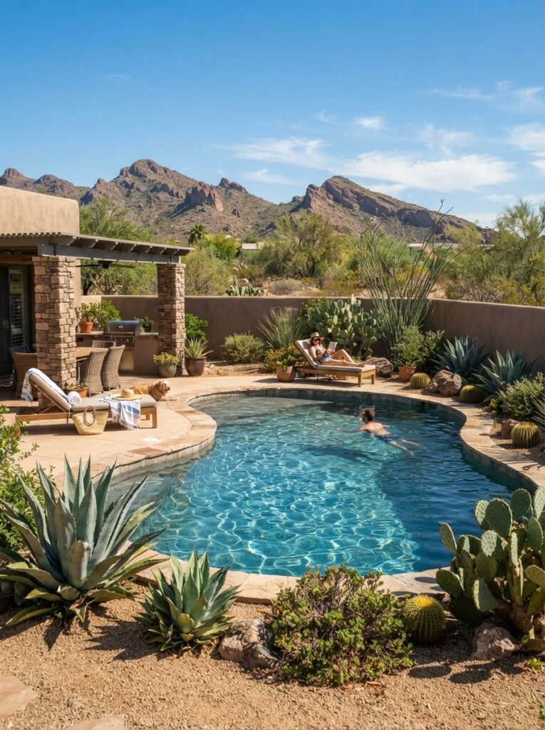 Desert backyard pool idea with drought-tolerant landscaping