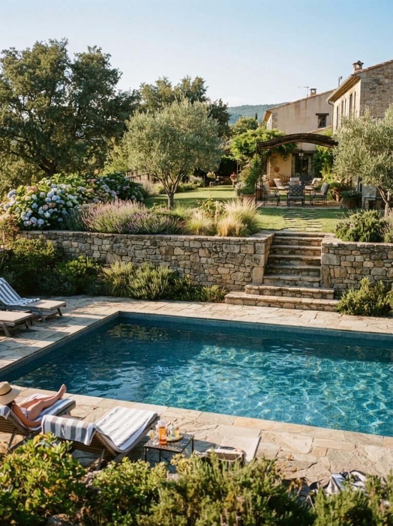 Sloped backyard pool idea with retaining wall terracing