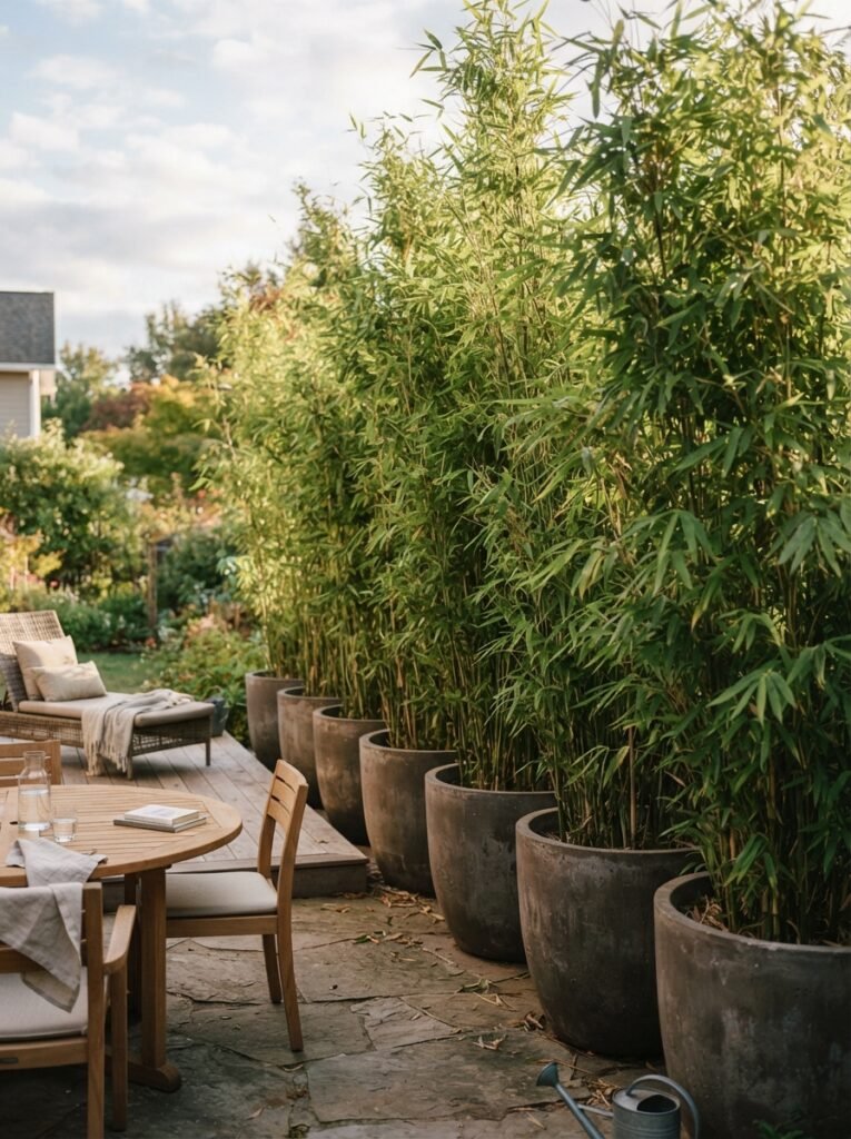 Backyard privacy idea with potted clumping bamboo row