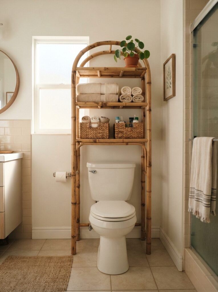 Small bathroom storage idea over toilet with bamboo shelf unit