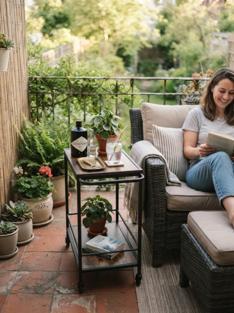 Small patio furniture idea for apartments with rolling bar cart