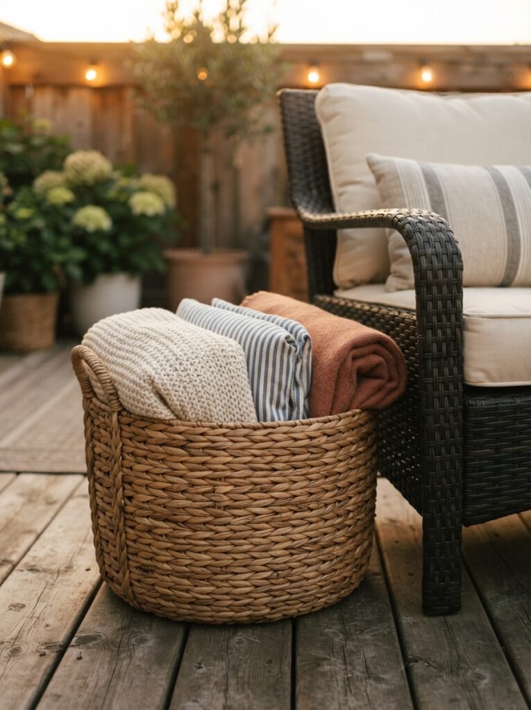  Cozy patio idea for renters with weighted throw blanket basket