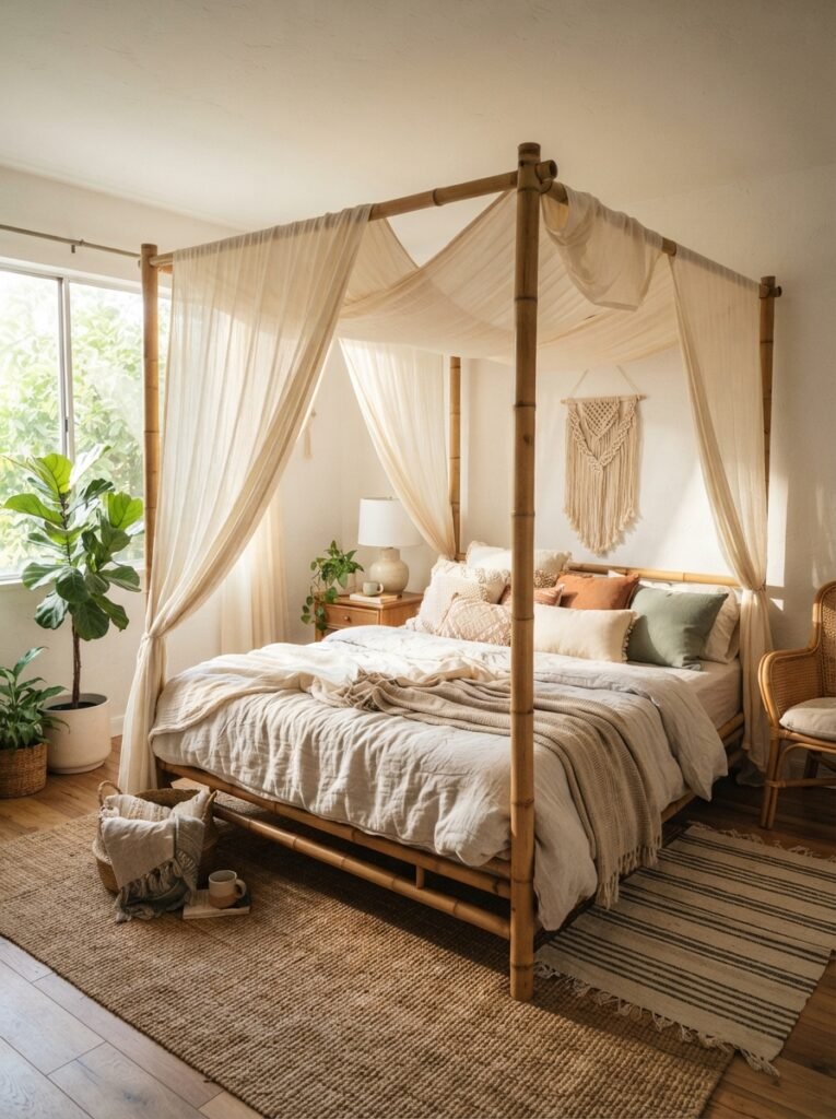 Boho bedroom decor idea with draped sheer canopy bed