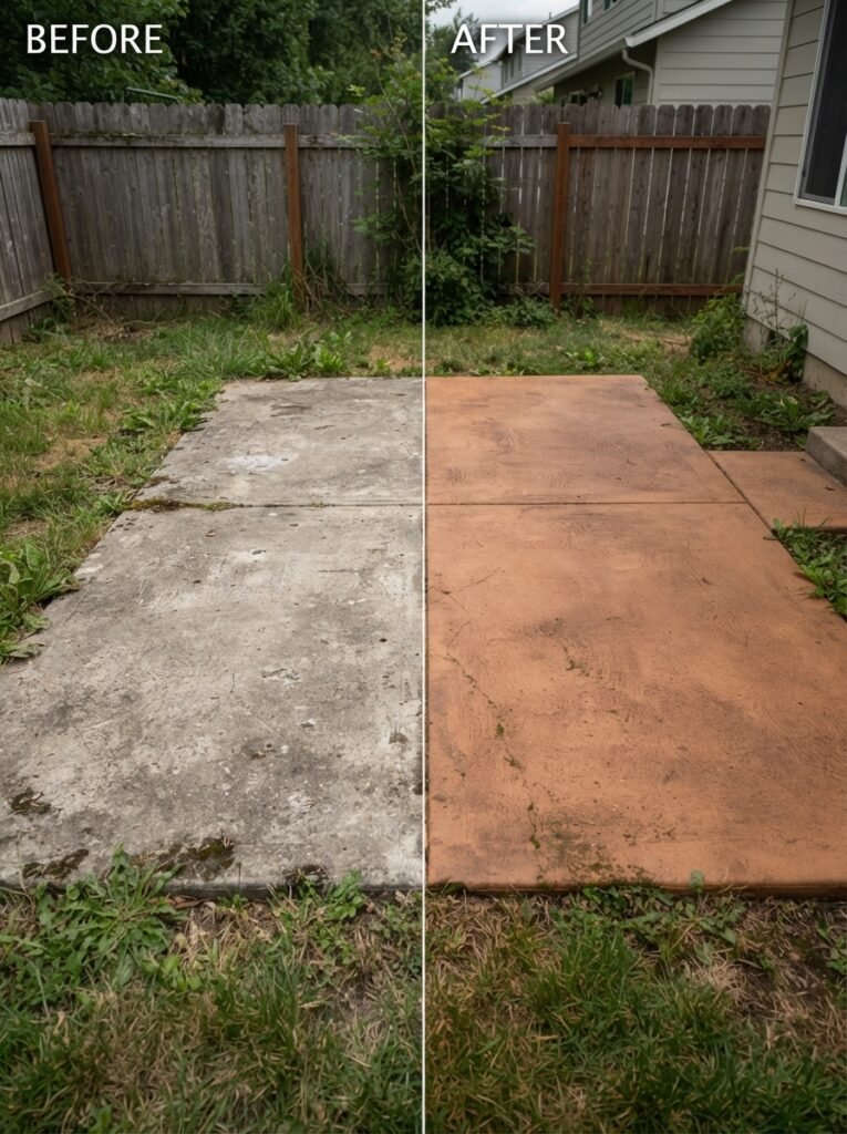 Before and after concrete patio idea using warm terracotta stain on budget