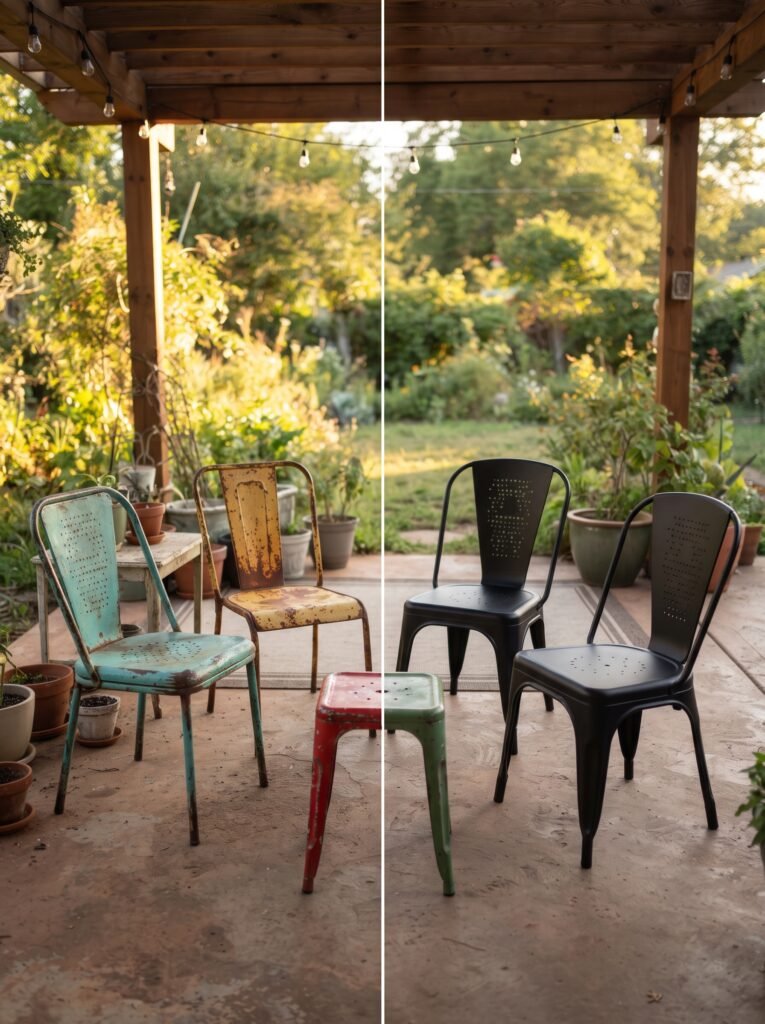 Before and after thrifted furniture idea for inexpensive covered patio
