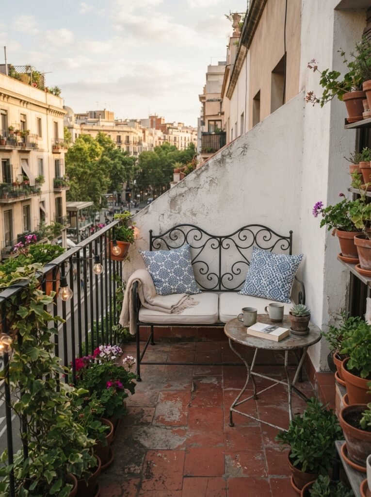 Apartment balcony furniture idea with two-seat bistro loveseat bench