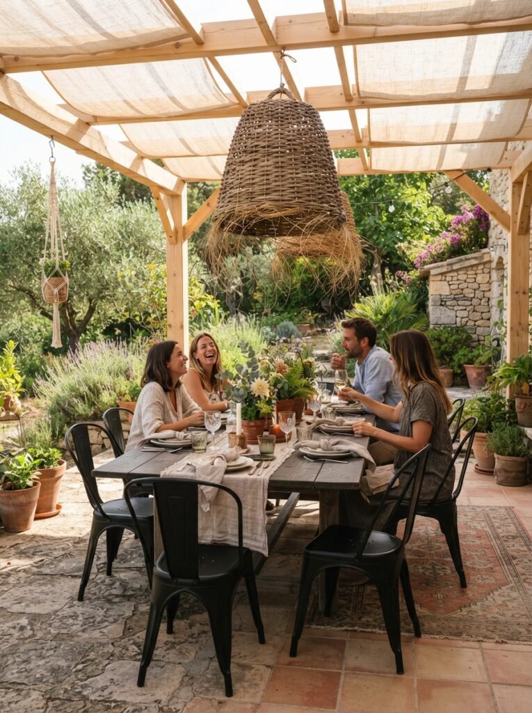 Woven basket pendant light and shade sails over an outdoor DIY patio dining space.