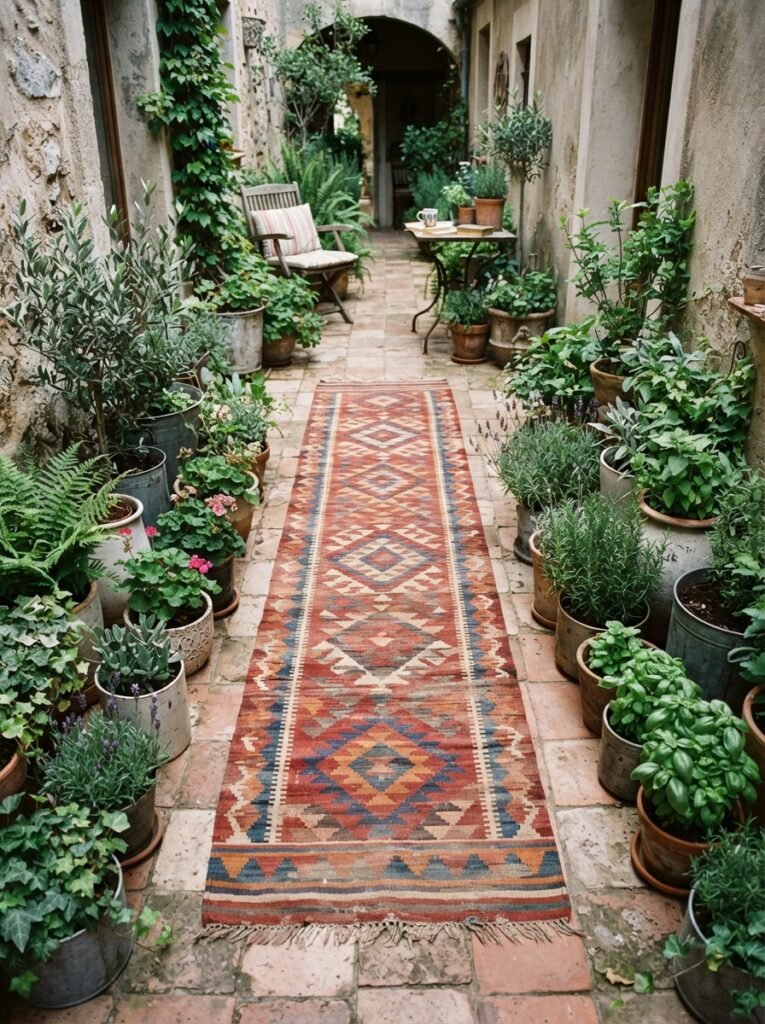 Boho cozy patio decor idea with kilim-style rug runner on narrow patio