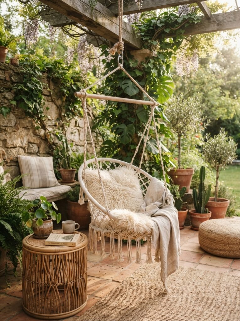 Boho cozy patio decor idea with macrame hammock chair corner