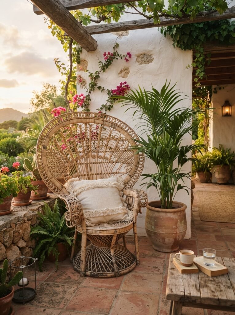  Boho cozy patio decor idea with rattan peacock chair and fringe cushion