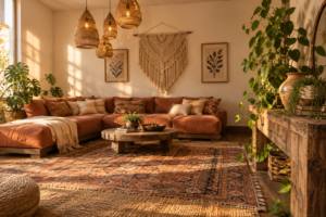 Boho decor idea with layered rugs, macrame wall hanging, and rattan pendant lights