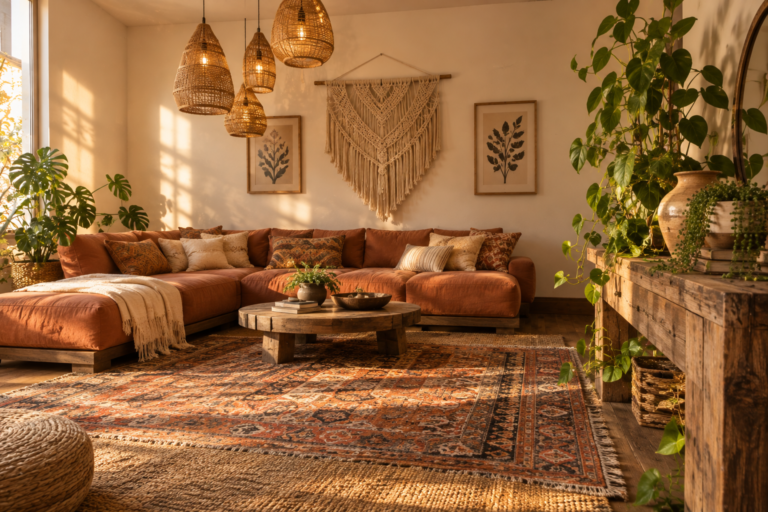 Boho decor idea with layered rugs, macrame wall hanging, and rattan pendant lights