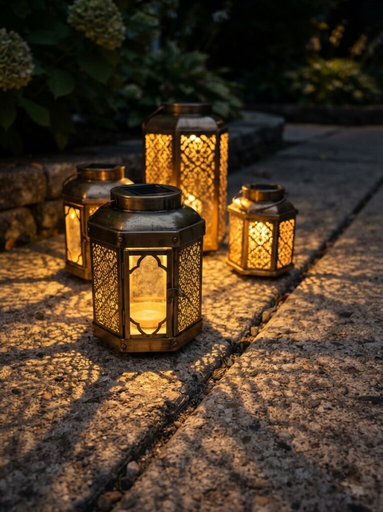  Ornate brass Moroccan solar lanterns casting decorative ambient light patterns on patio pavers.
