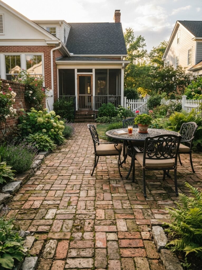Brick paver patio idea with traditional basketweave pattern