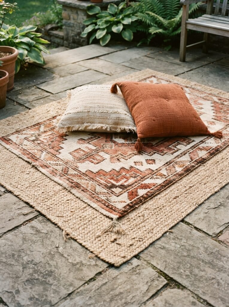 Budget cozy patio decor idea with layered jute rug and thrifted throw pillows