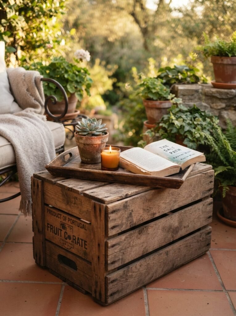 Budget cozy patio decor idea with repurposed crate side table and tray vignette