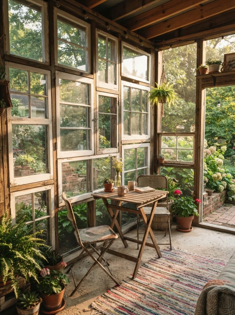 Budget enclosed patio idea using repurposed storm windows