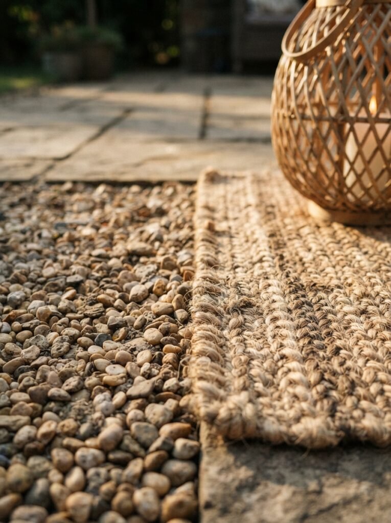 Budget gravel patio idea with layered jute rug and rattan lantern corner
