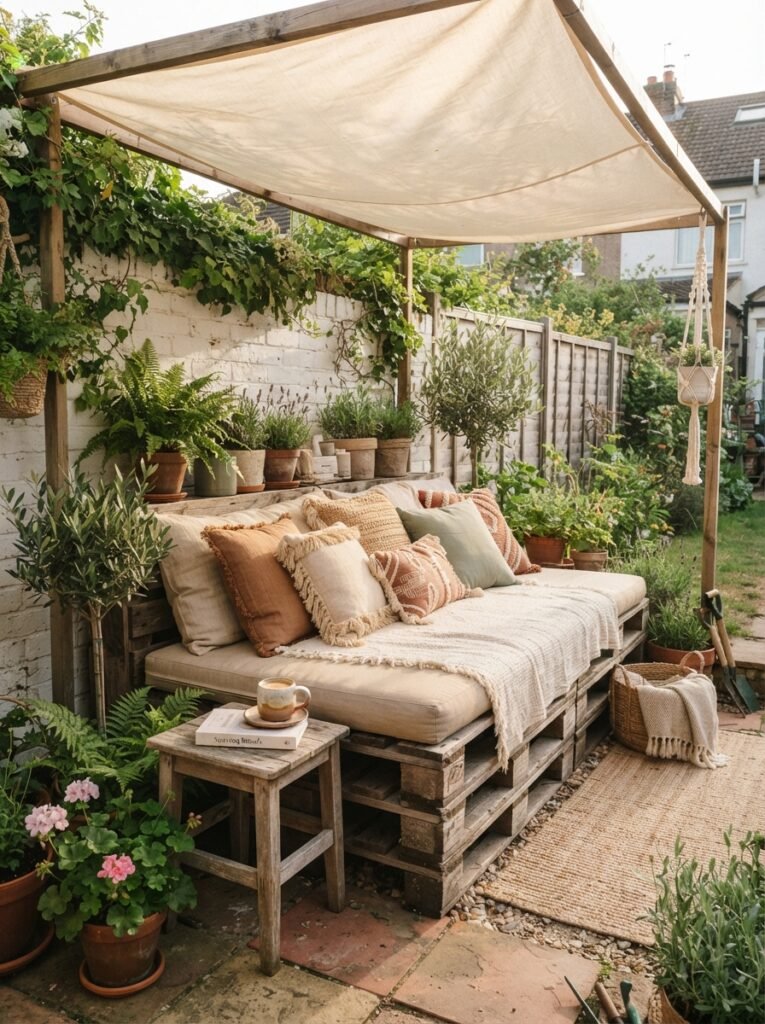 Budget patio idea with DIY pallet daybed and canvas canopy shade