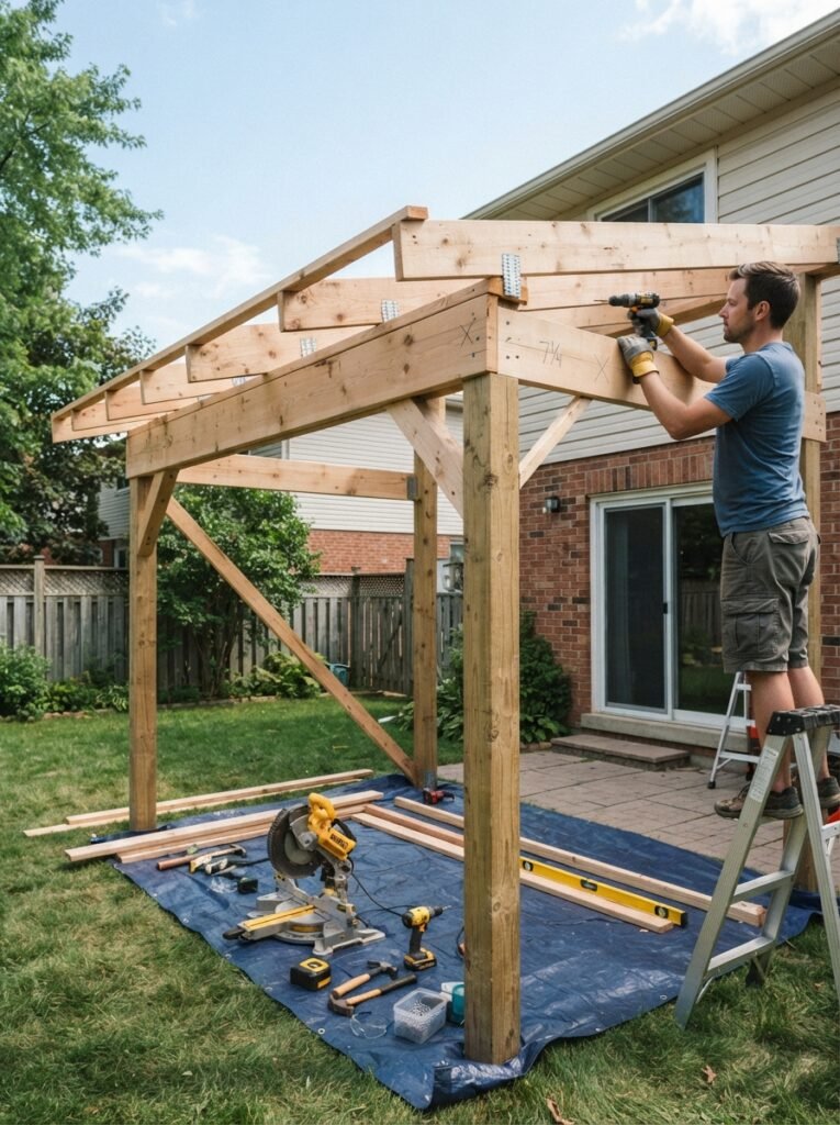 DIY covered patio attached to house kit under construction