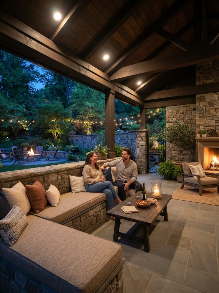 Built-in bench seating idea for luxury covered patio