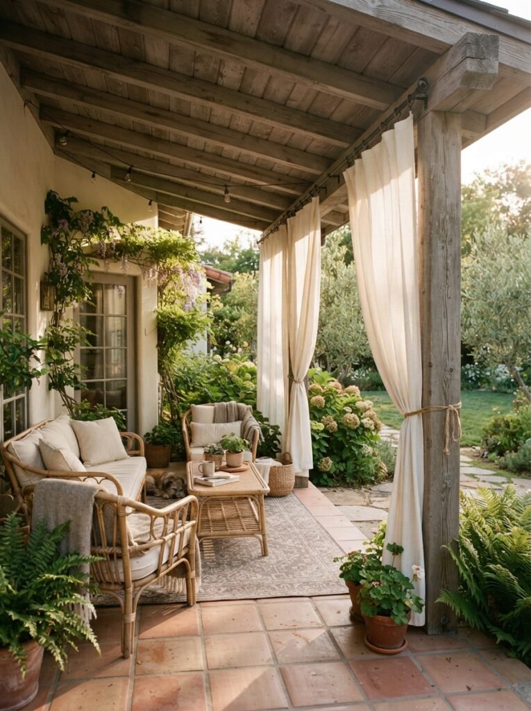 Café curtain privacy idea for covered patio attached to house