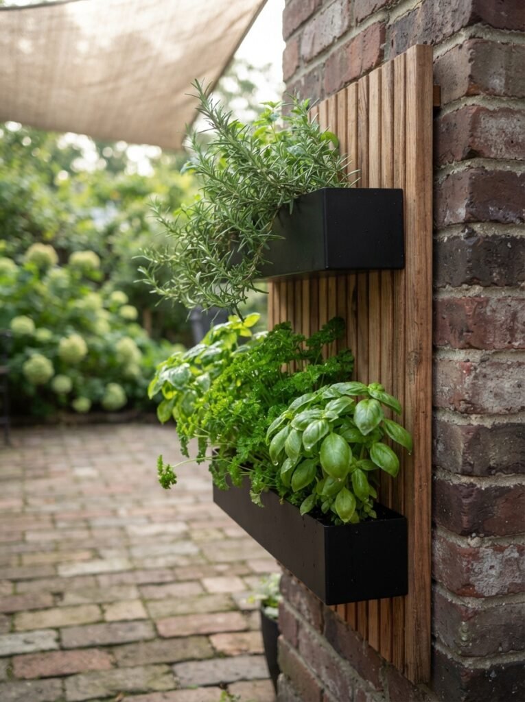 Handmade vertical cedar wall planter filled with fresh herbs on a brick outdoor patio wall.