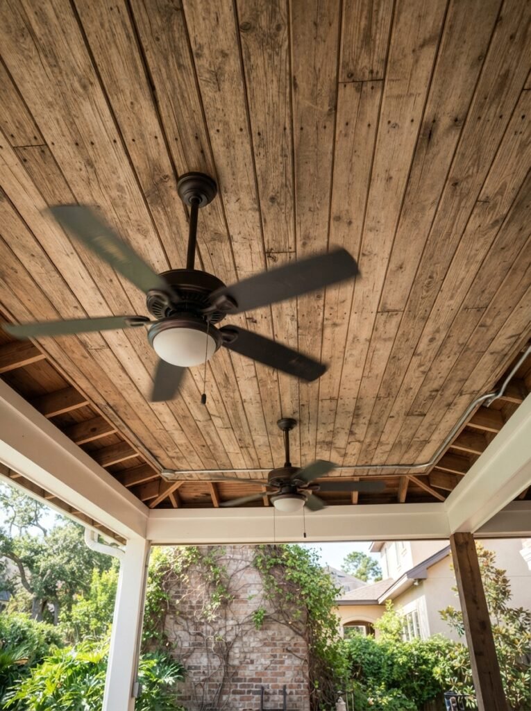 Ceiling fans on covered patio attached to house