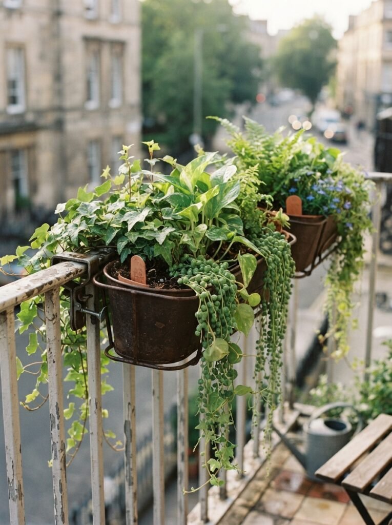 Cozy patio idea for renters with no-drill railing-clip planters