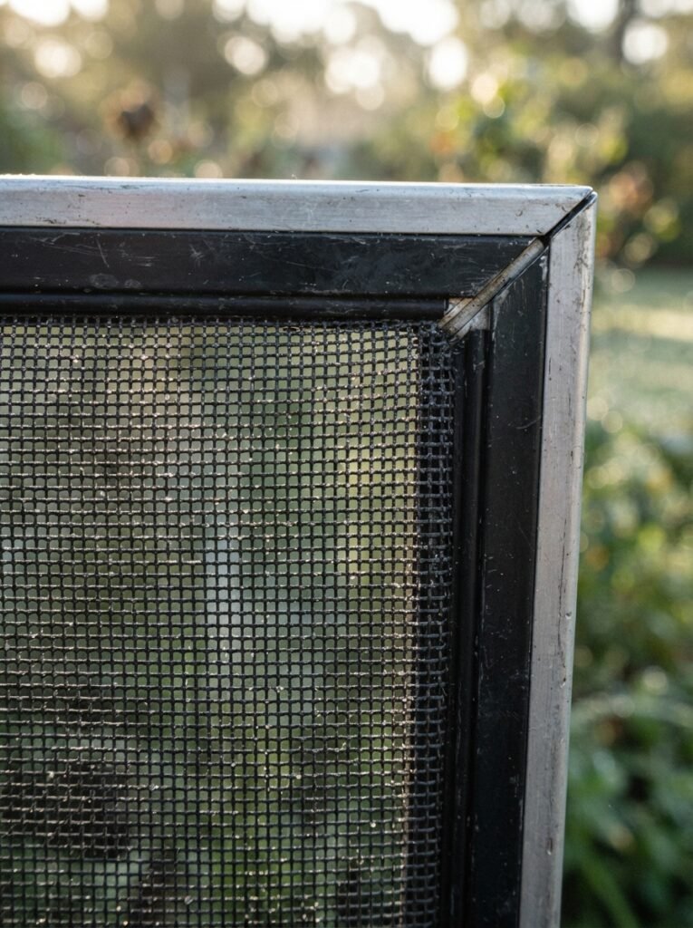Close-up of pet-resistant screen mesh used in screened enclosed patio ideas