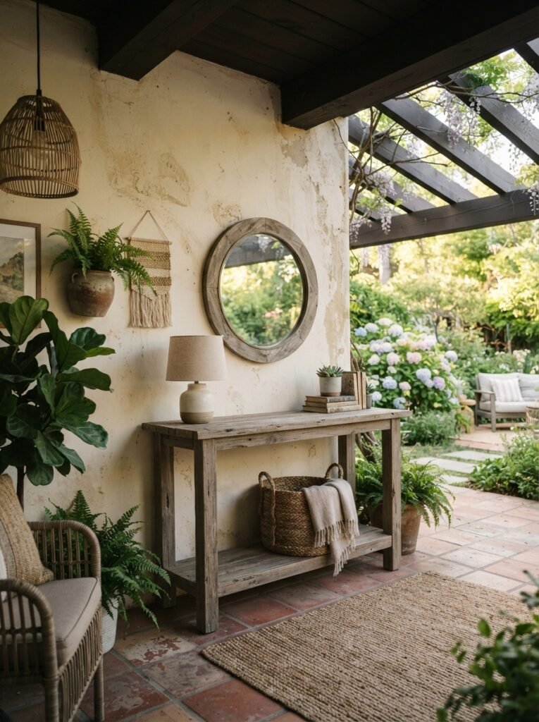 Coastal cozy patio decor idea with driftwood console table on covered patio