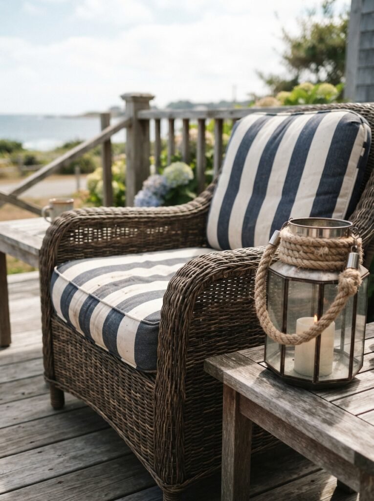 Coastal cozy patio decor idea with striped cushions and rope accents