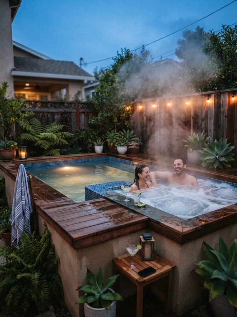 Small backyard pool idea with cocktail pool and spa combo