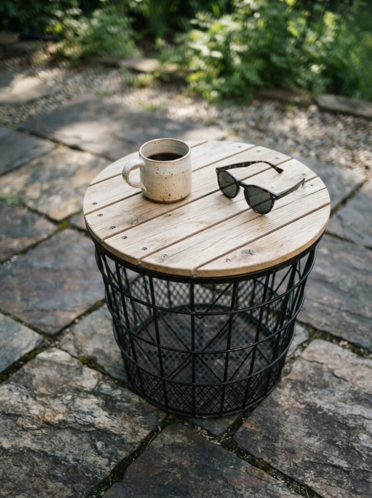 DIY wire basket and wood slat outdoor side table on a slate patio.