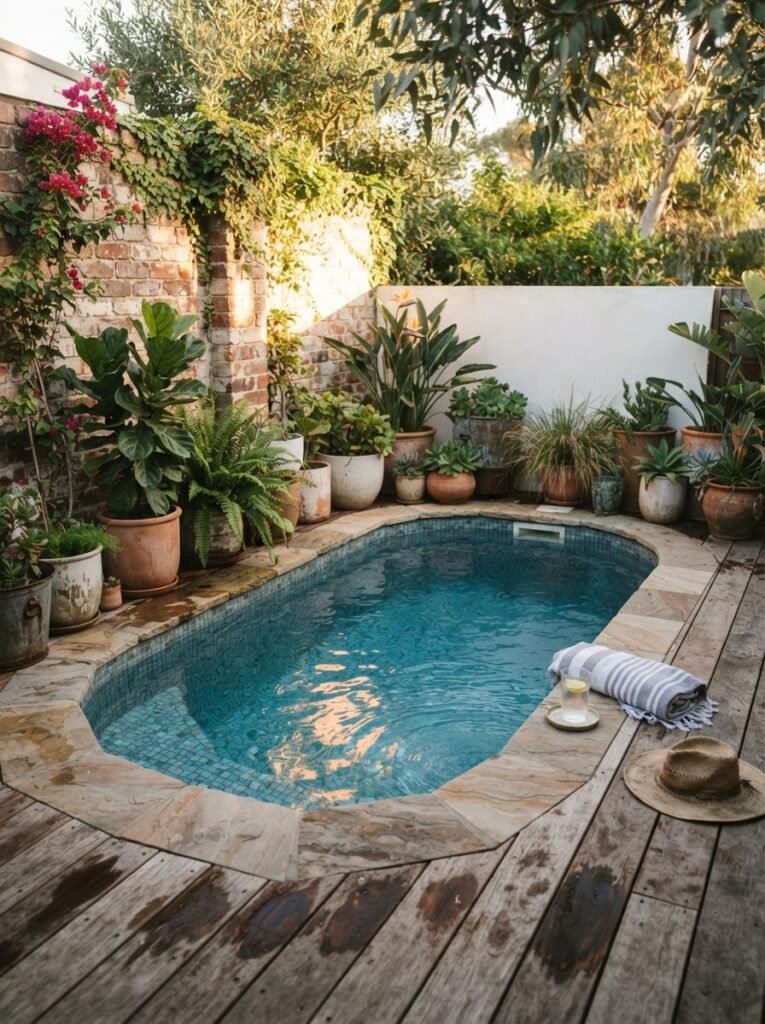 Small backyard pool idea on a budget with compact plunge pool